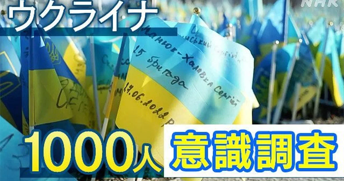 Заставка NHK про опитування українців на тлі меморіальних українських прапорців
