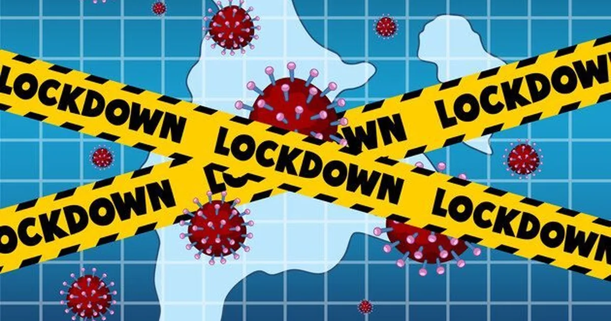 Ілюстрація: стрічки з написом lockdown перетинають карту й зображення коронавірусу